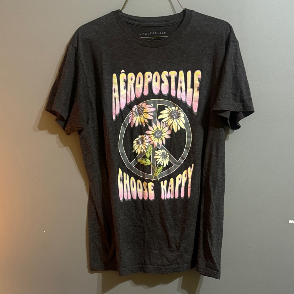 Aeropostale Black Tee with Peace and Flowers